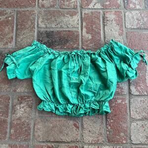 Reformation Peasant Top Emerald Green Button Off Shoulder Bow Crop Short Sleeve